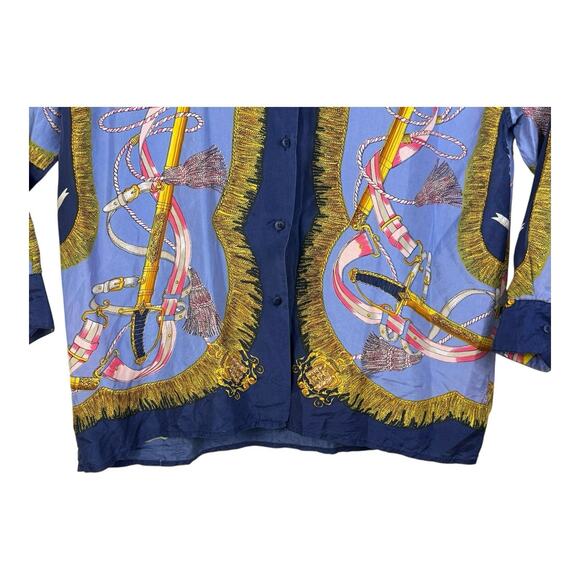Vintage Stunt Collections Blouse 100% Silk Blue Tassel Ribbon Print Large 80s - Picture 3 of 13